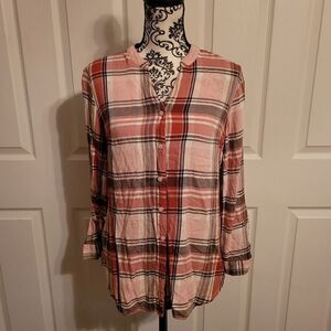 Lee pink plaid roll‎ tab sleeve button up shirt
